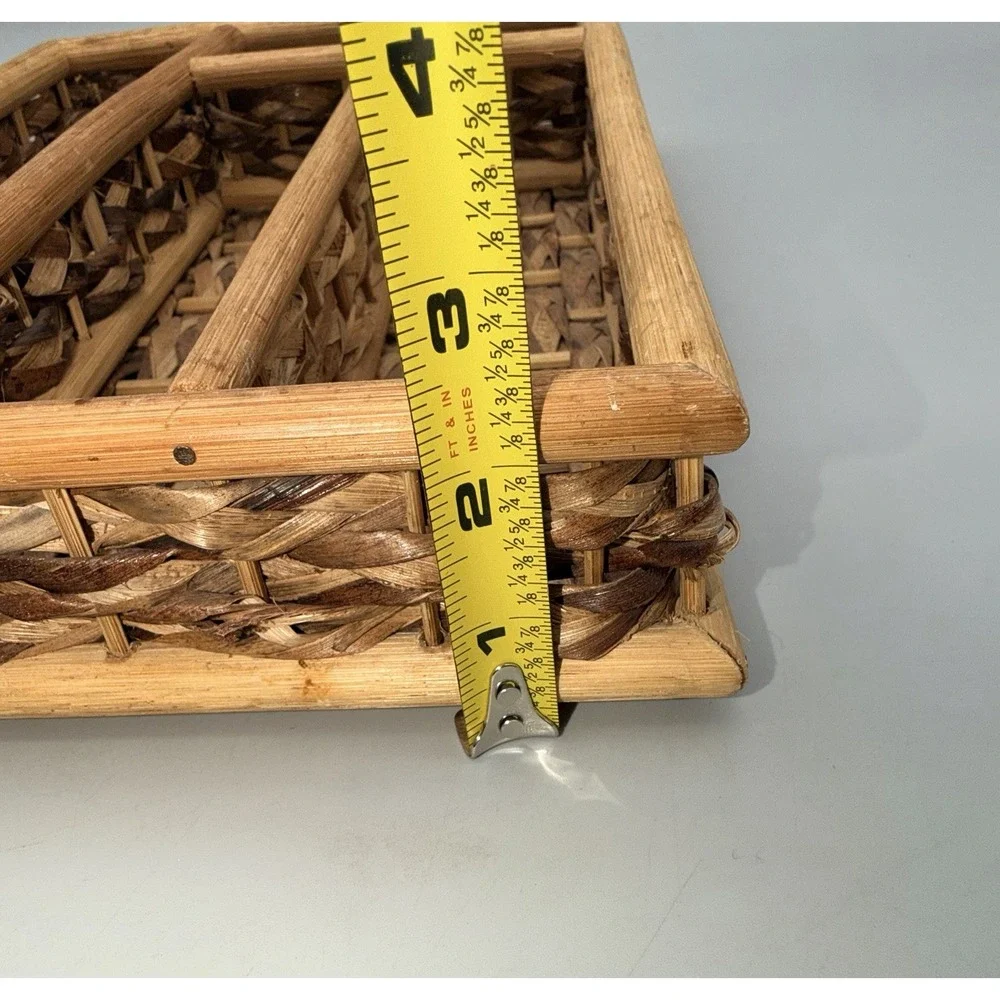 Vintage Woven Wicker Rattan Flatware Organizer Tray 4 Compartment Bamboo 12